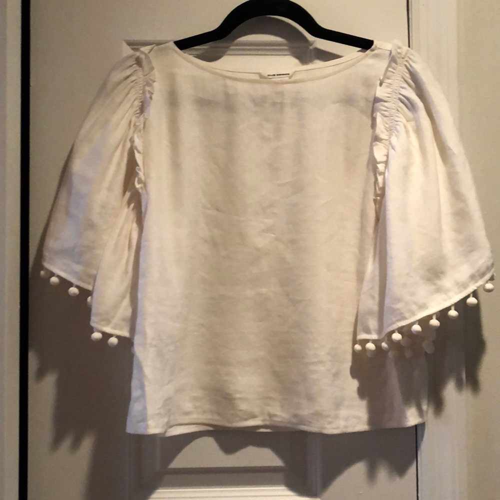 Club Monaco White Linen Pom Pom Top
